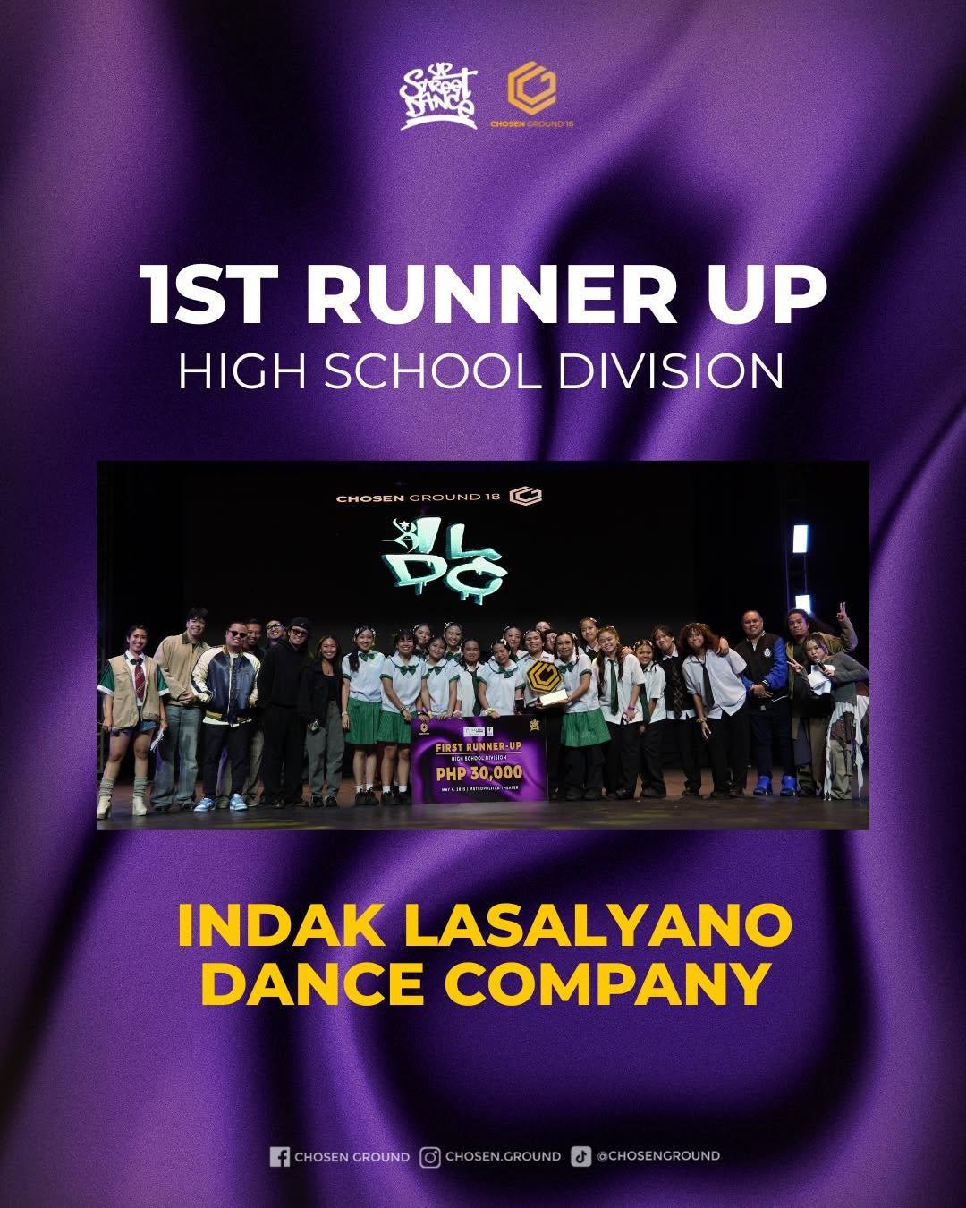 Indak Lasalyano Dance Company — 1st Runner-Up, Chosen Ground 18 High School Division